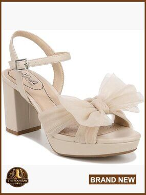 Platform Block Heel Sandals with Tulle Bow Ankle Strap - Women's Dress Heels